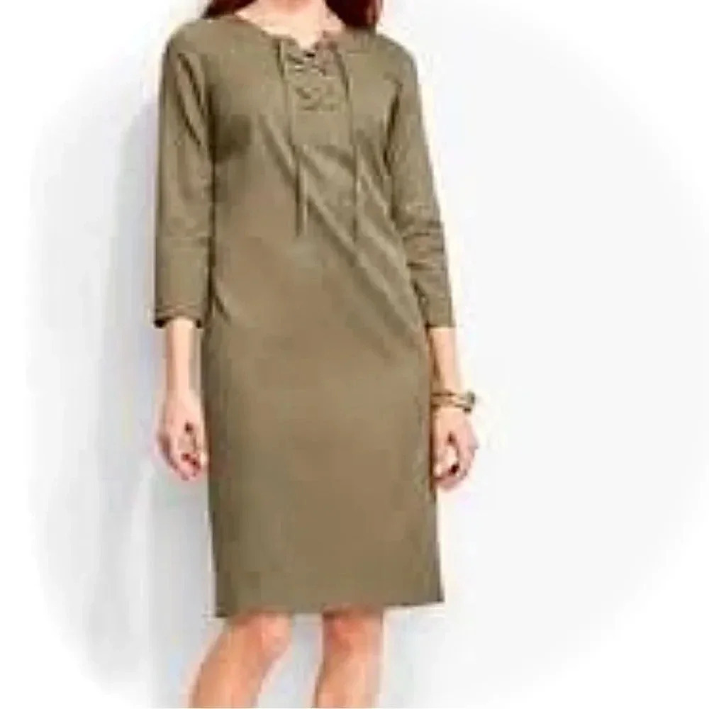 Talbots olive green lace up midi‎ dress, 3/4 sleeves. NWT women’s size 4